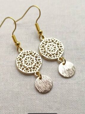 Gold Filigree Drop Earrings with Textured Discs